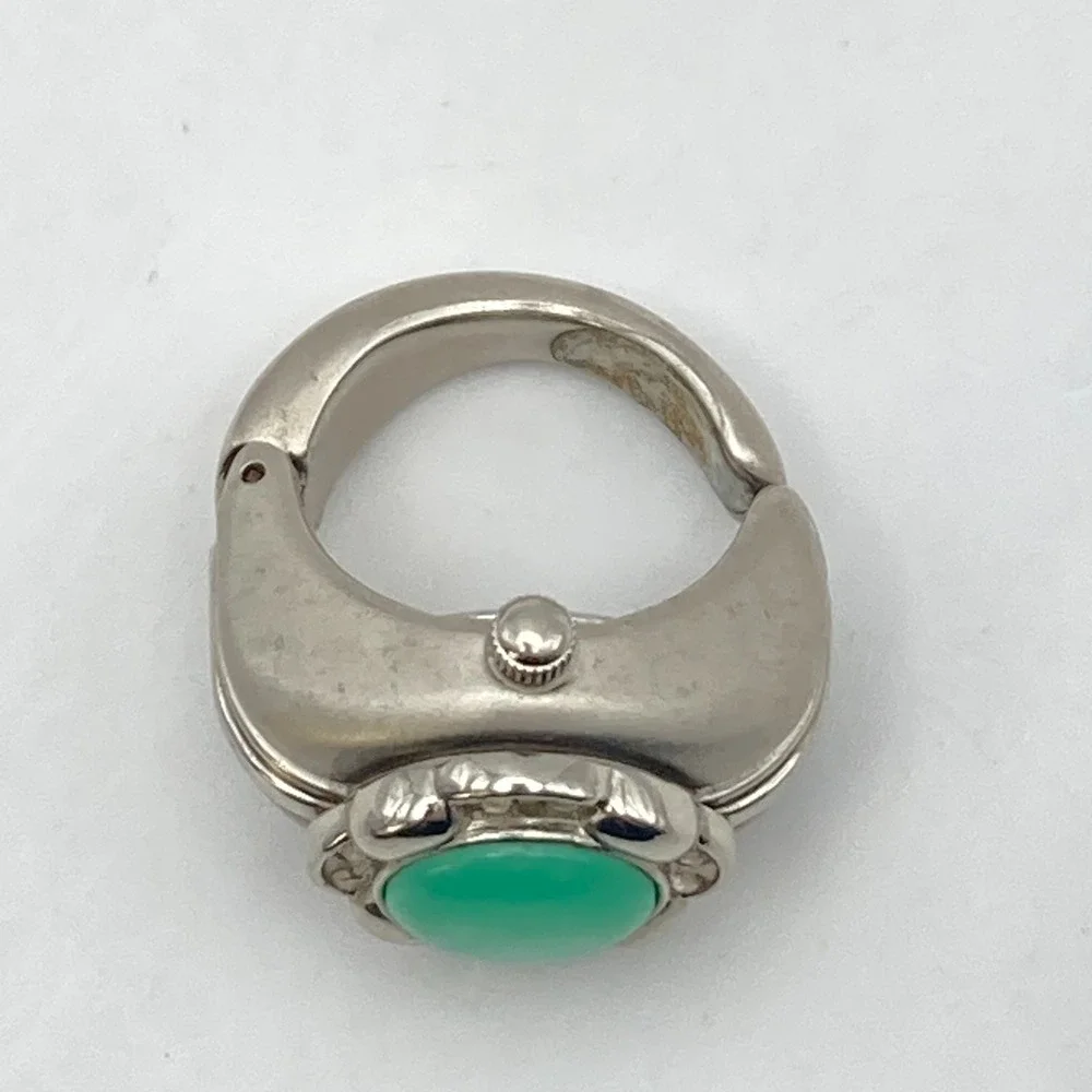 Persona Ring Watch Women Hidden Dial Silver Tone Green Cats Eye New Battery